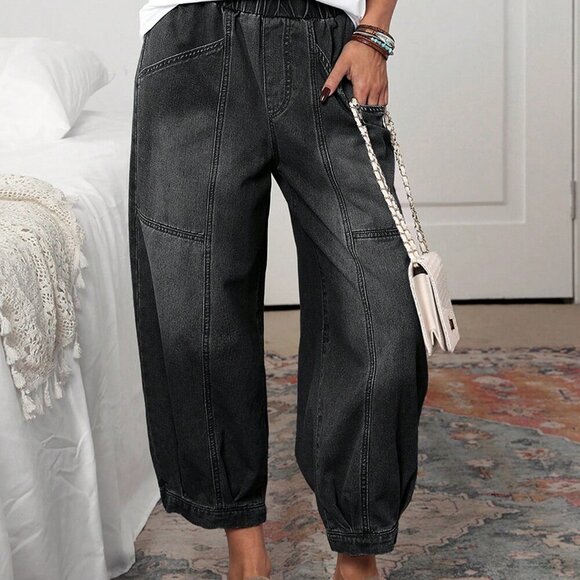 Black Casual Women's Pocket Tapered Loose Jeans - Picture 3 of 6